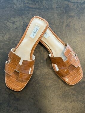 Steve Madden Tan Slide Sandals - Croc-Embossed Leather